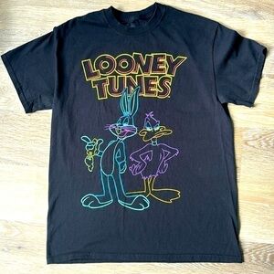 Looney Tunes Bugs Bunny Daffy Duck Neon Print Black Graphic T-Shirt Size M